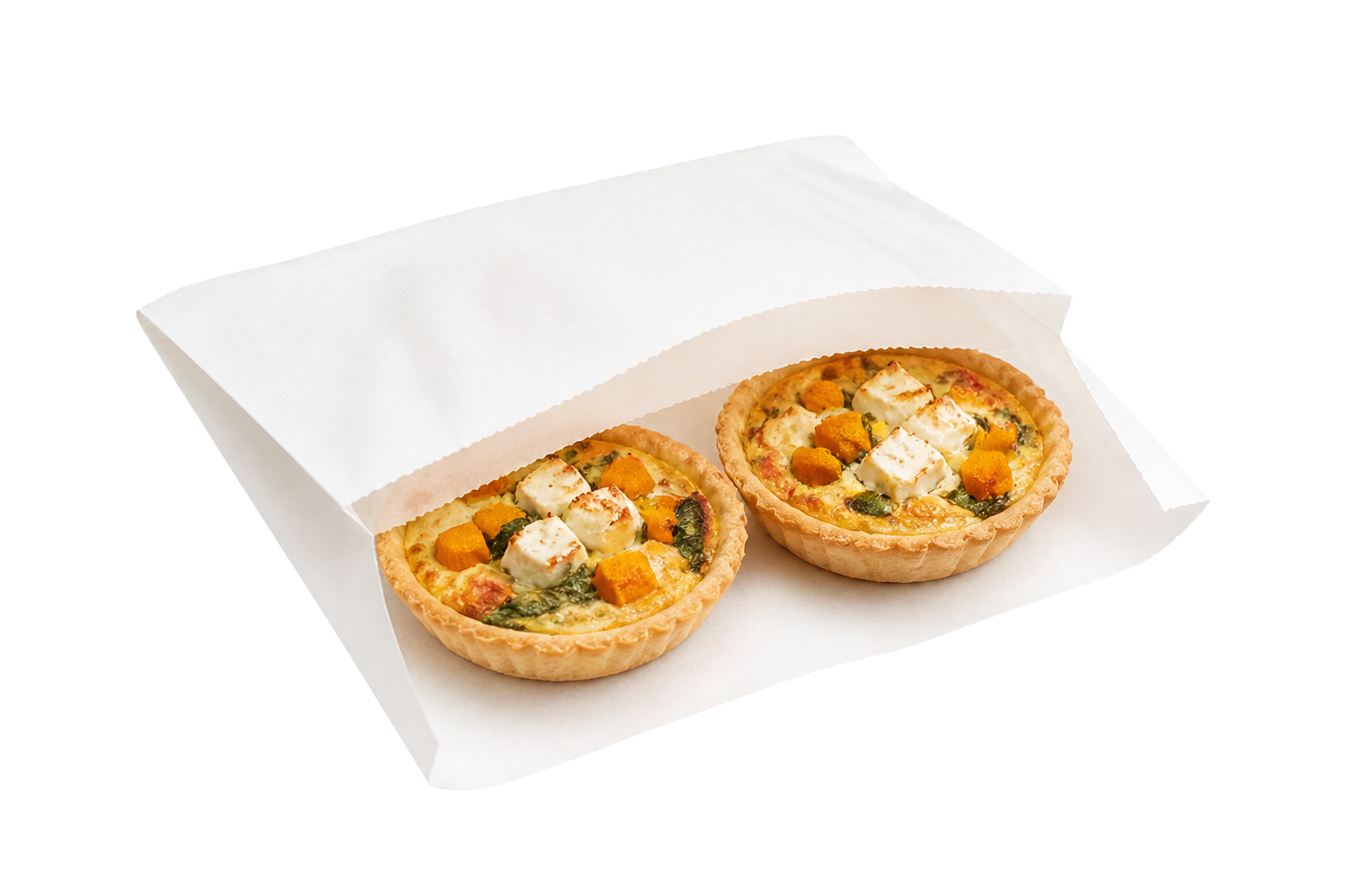 Savoury tarts in a takeaway paper bag